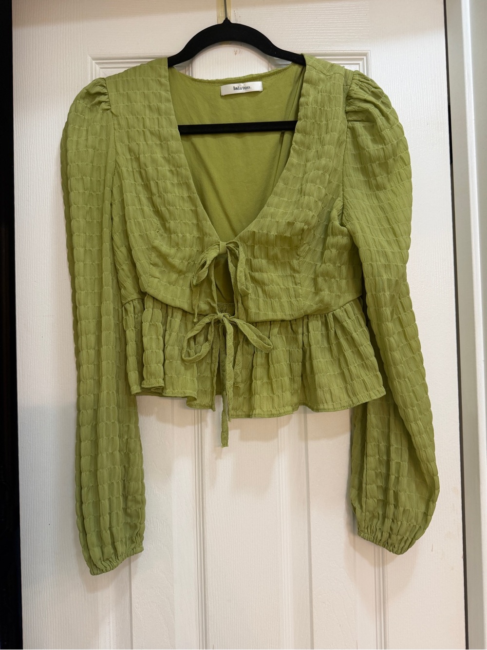 Lalavon Olive Green Tie-Front Peplum Blouse